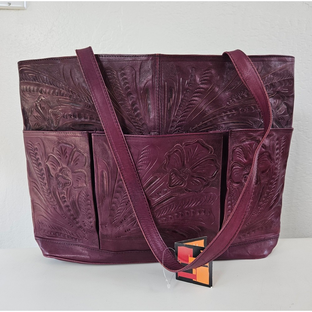 Leaders In Leather Hand-Tooled Tote Bag Burgundy Floral Boho Western Shoulder